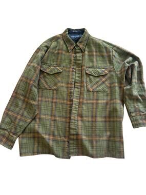 Vintage Savile Row XL Plaid Button Down Shirt Olive Green Flannel Look Outdoor